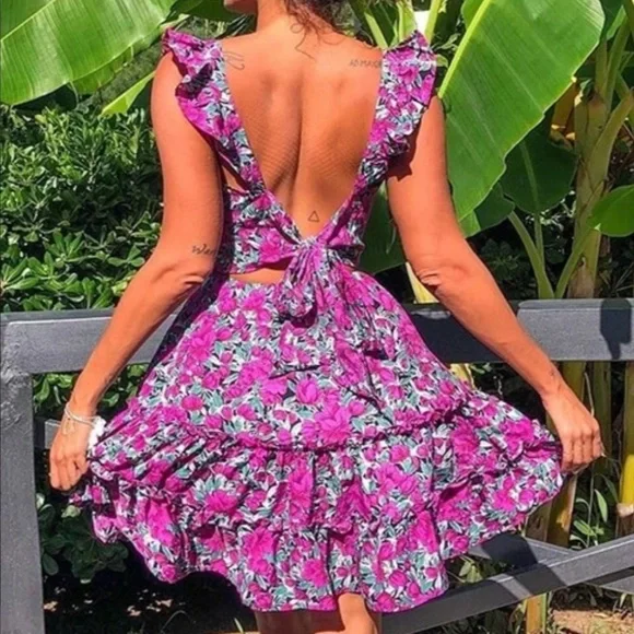 Floral Print Mini Dress Ruffle Detail Tie Back Fuchsia Green White - Picture 13 of 16